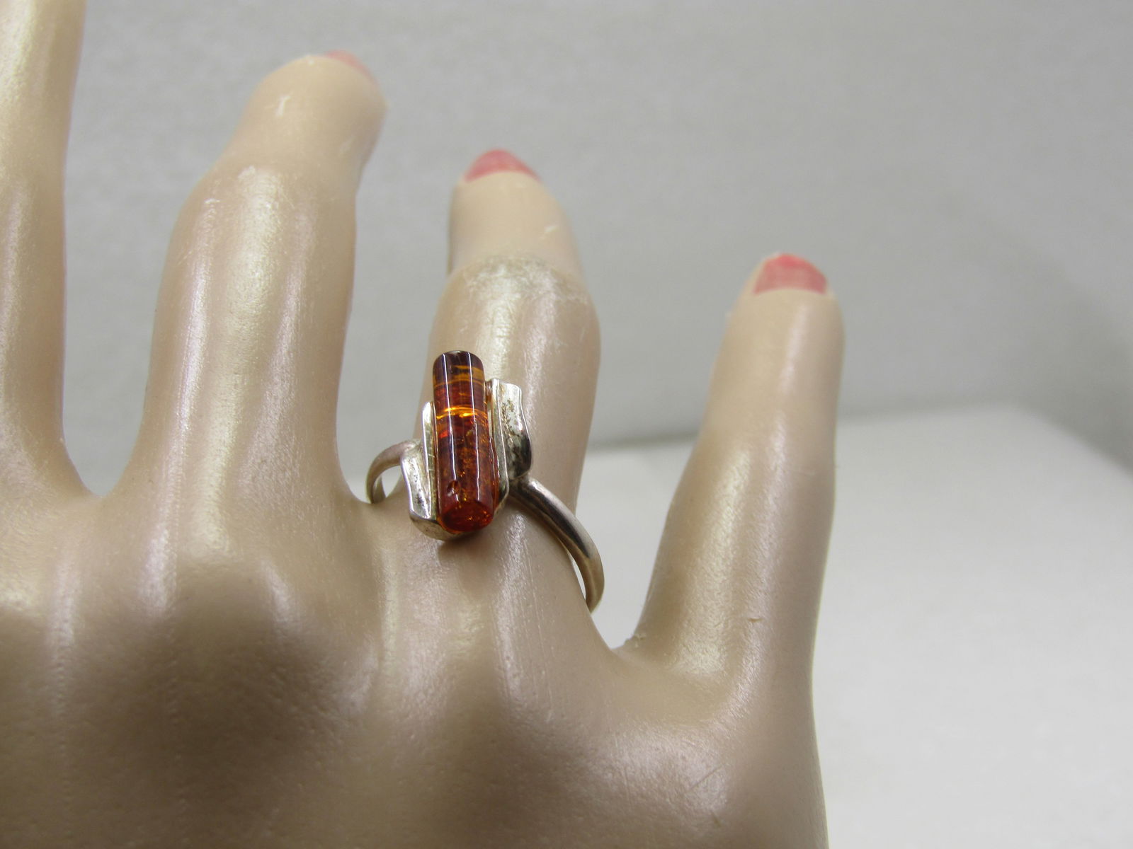 Sterling Silver Amber Tubular Ring, Sz. 8 - 8