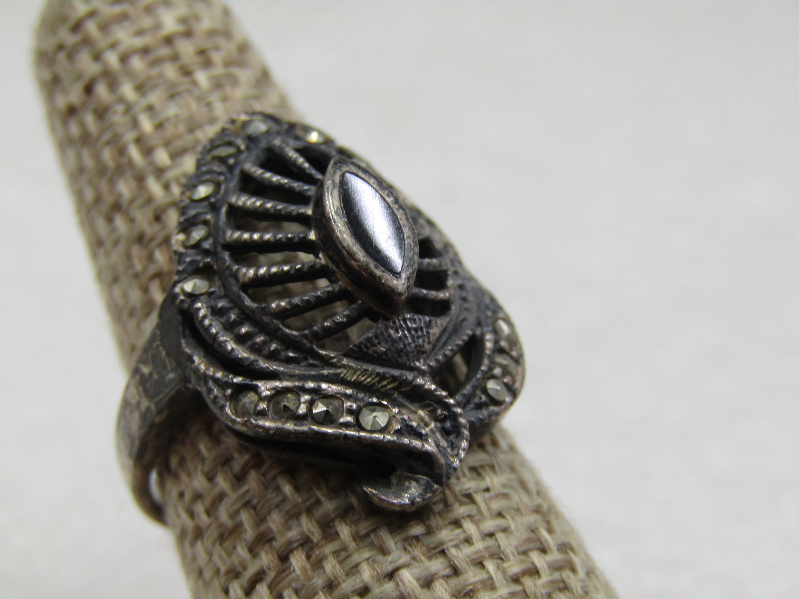 Vintage Sterling Onyx Leaf Marcasite Ring, Sz. 7.75 - 2