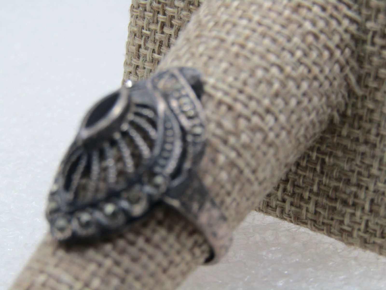 Vintage Sterling Onyx Leaf Marcasite Ring, Sz. 7.75 - 5