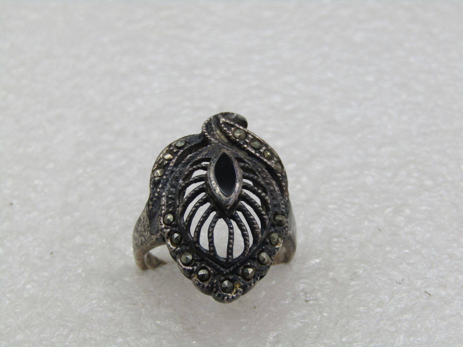 Vintage Sterling Onyx Leaf Marcasite Ring, Sz. 7.75 - 6