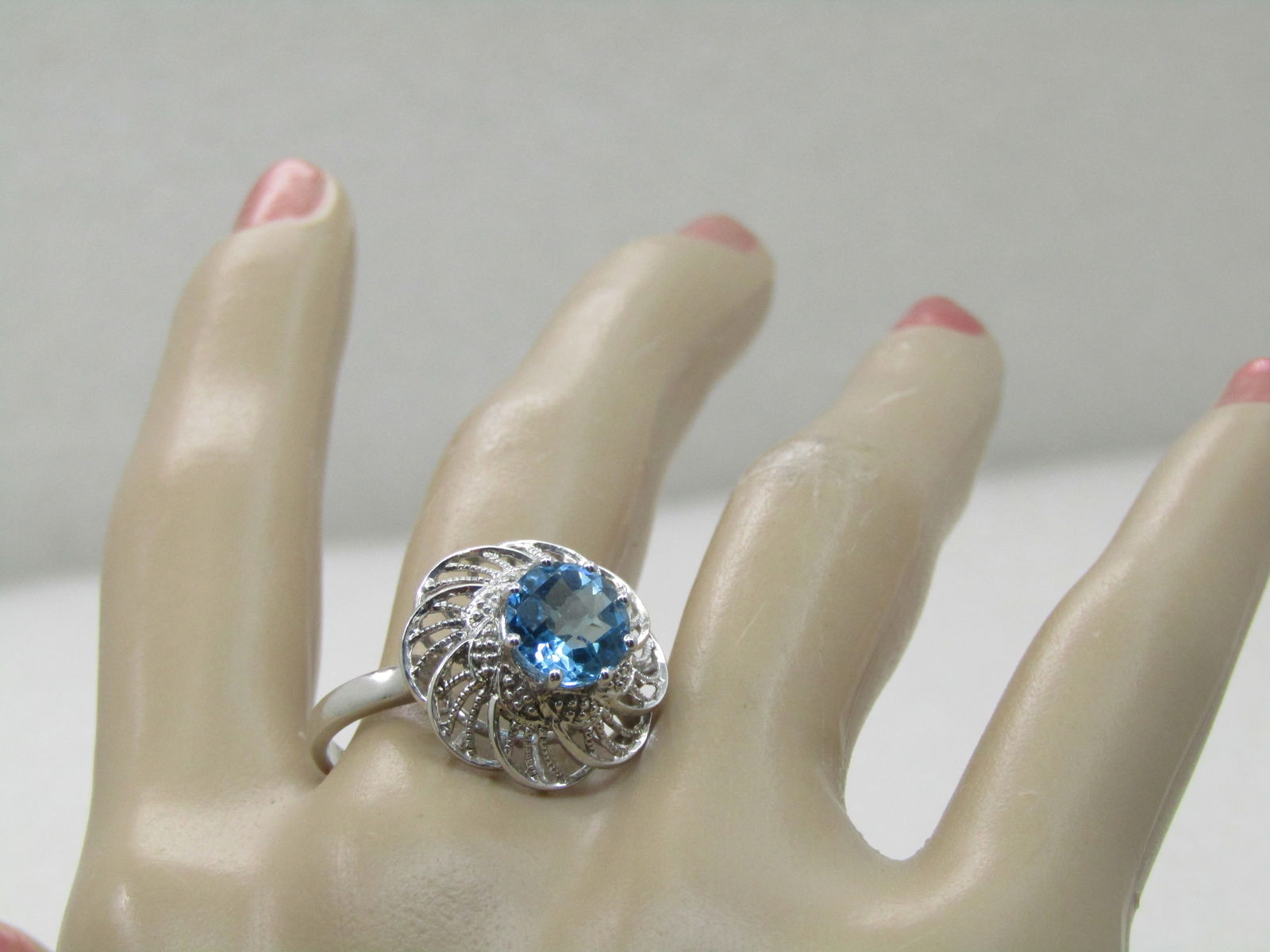 Sterling Silver Lab Topaz Ring, Sz. 10.5, Filigree Spiral - 10