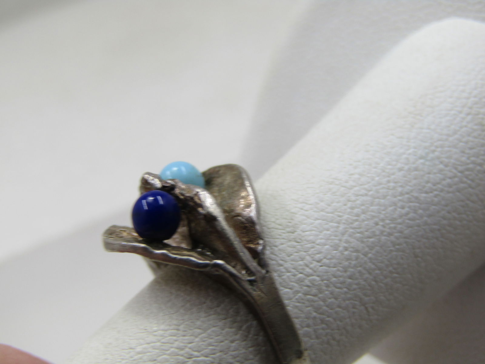 Vintage Navy & Turquoise Beaded Ridged Ring, Sz. 6.5, 1960's-1970's, Signed - 4