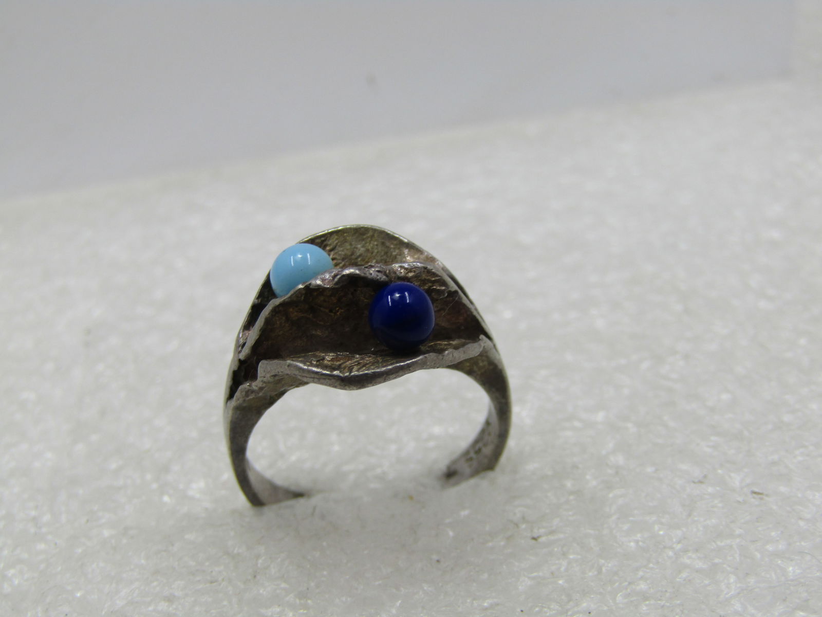 Vintage Navy & Turquoise Beaded Ridged Ring, Sz. 6.5, 1960's-1970's, Signed - 6