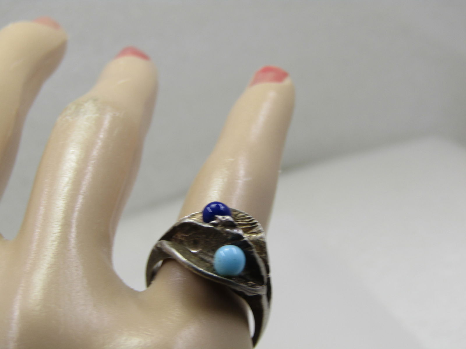 Vintage Navy & Turquoise Beaded Ridged Ring, Sz. 6.5, 1960's-1970's, Signed - 7