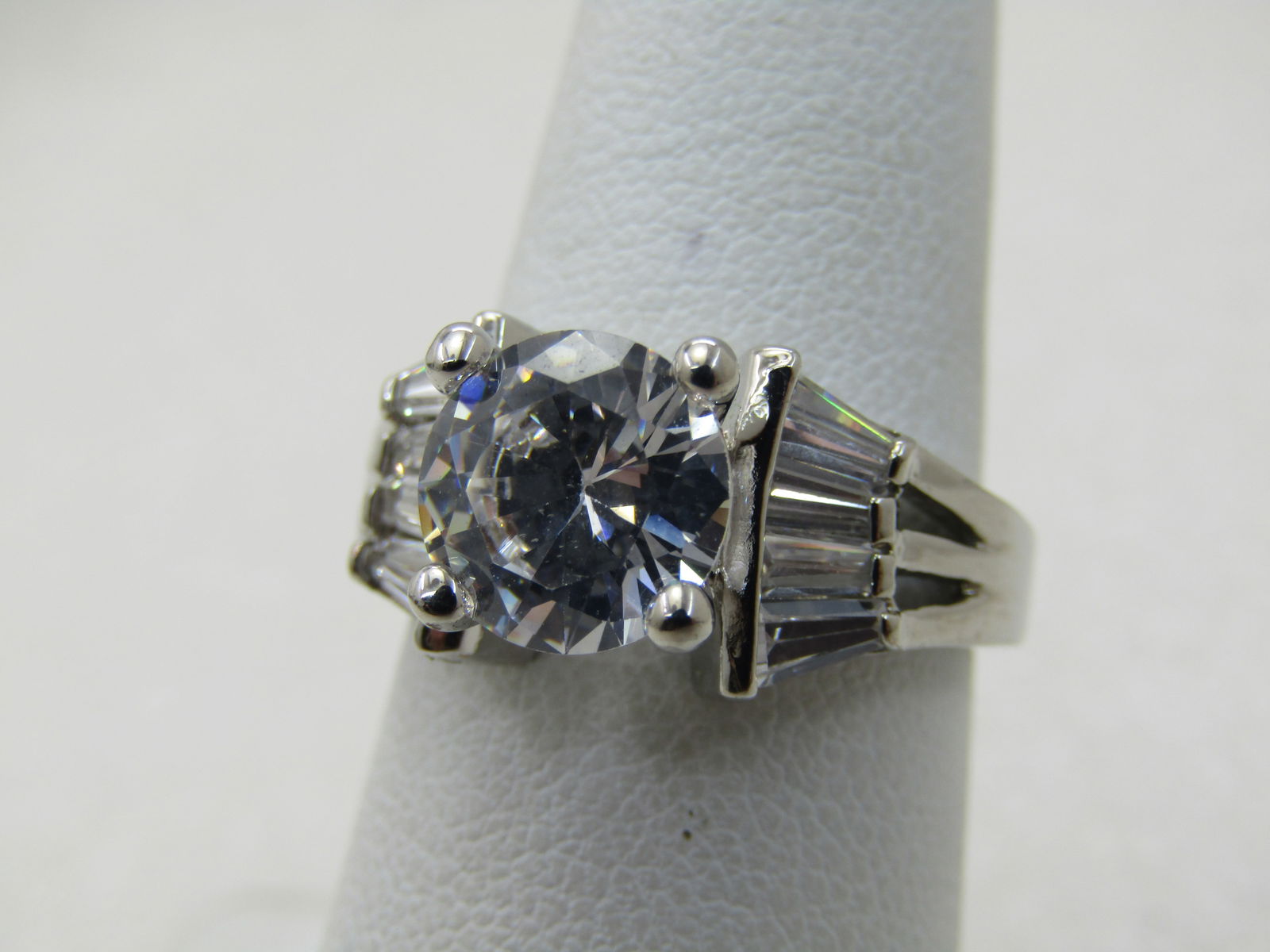 Silver Tone Tiered CZ Engagement Ring, Sz. 7.5, 2TCW Main Stone with Baguettes - 2