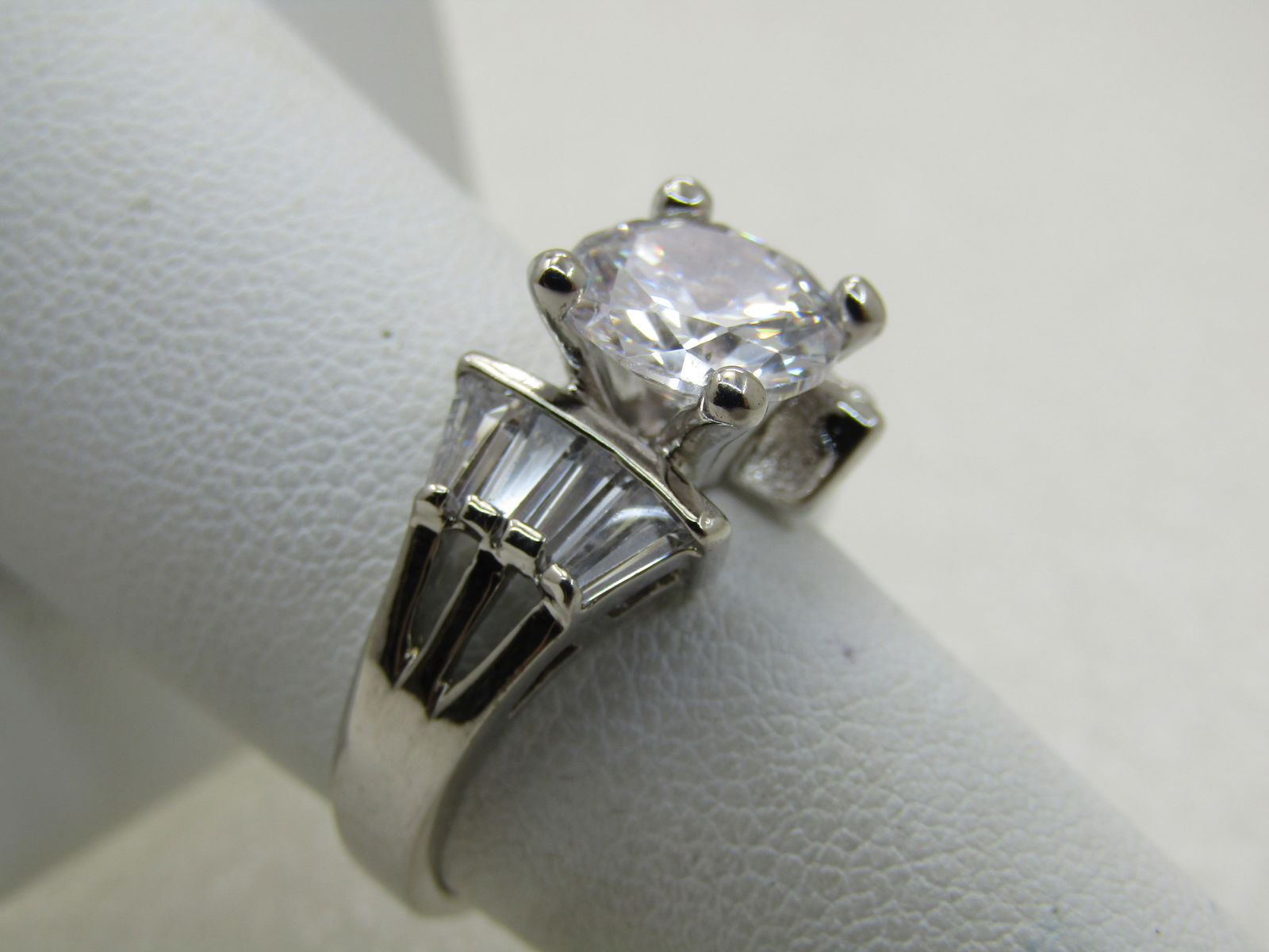 Silver Tone Tiered CZ Engagement Ring, Sz. 7.5, 2TCW Main Stone with Baguettes - 3