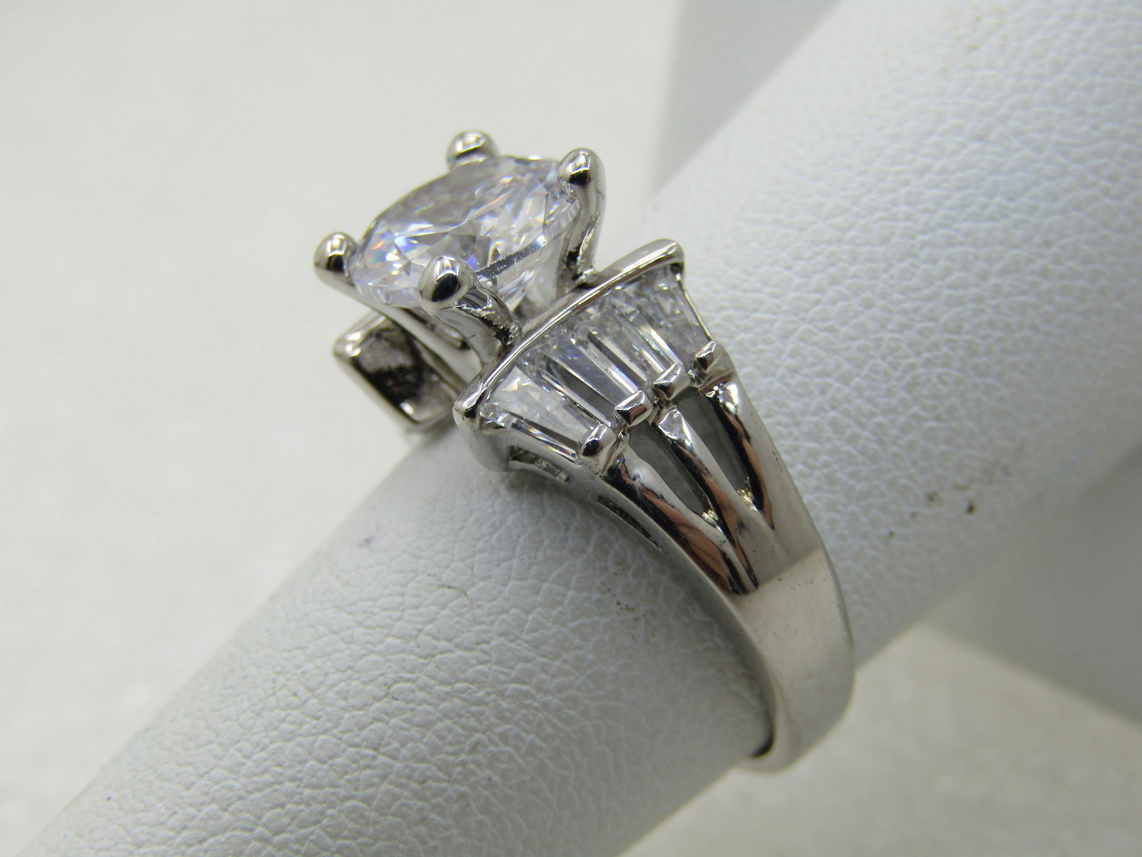 Silver Tone Tiered CZ Engagement Ring, Sz. 7.5, 2TCW Main Stone with Baguettes - 4