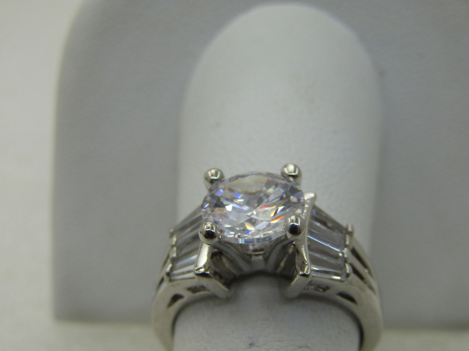 Silver Tone Tiered CZ Engagement Ring, Sz. 7.5, 2TCW Main Stone with Baguettes - 5