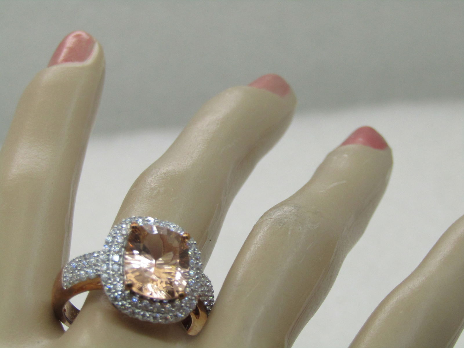 Sterling Rose Gold Peach & Clear CZ Halo Ring, Statement, Sz. 10.5 - 10