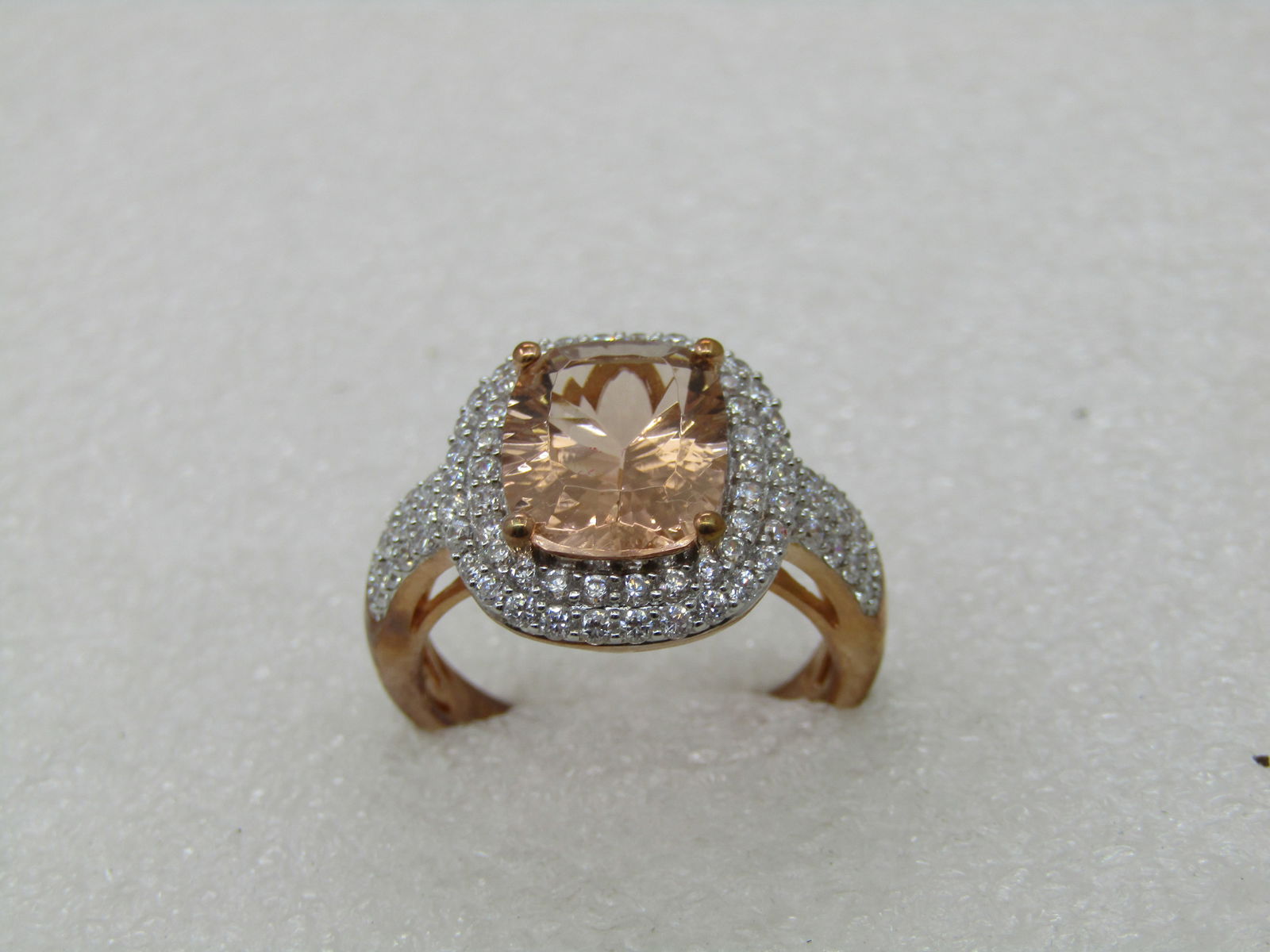 Sterling Rose Gold Peach & Clear CZ Halo Ring, Statement, Sz. 10.5 - 2