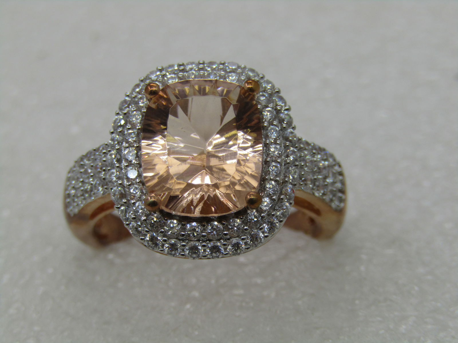 Sterling Rose Gold Peach & Clear CZ Halo Ring, Statement, Sz. 10.5 - 3