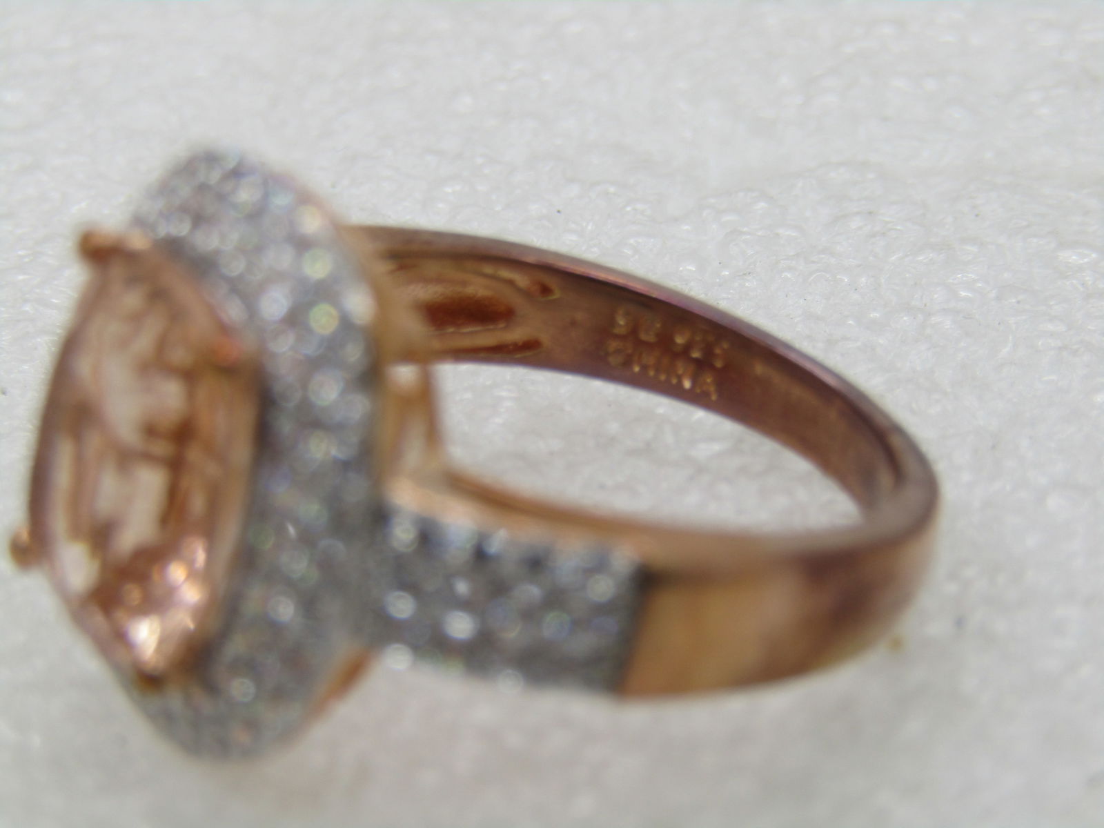 Sterling Rose Gold Peach & Clear CZ Halo Ring, Statement, Sz. 10.5 - 5