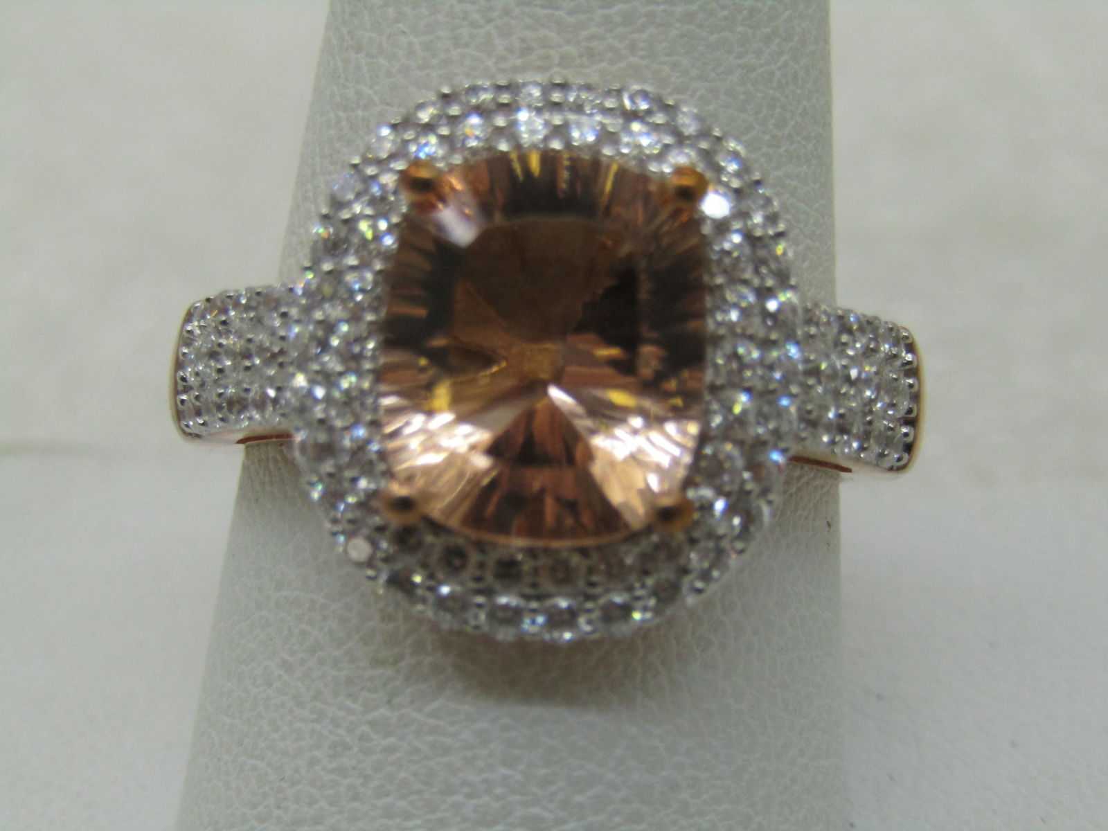 Sterling Rose Gold Peach & Clear CZ Halo Ring, Statement, Sz. 10.5 - 7