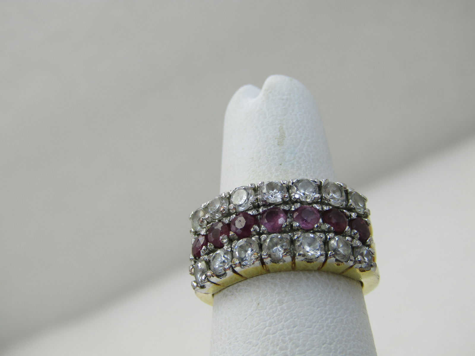 Vintage 10kt Plated CZ & Ruby Ring, Wide Band, Sz. 5.25 - 3