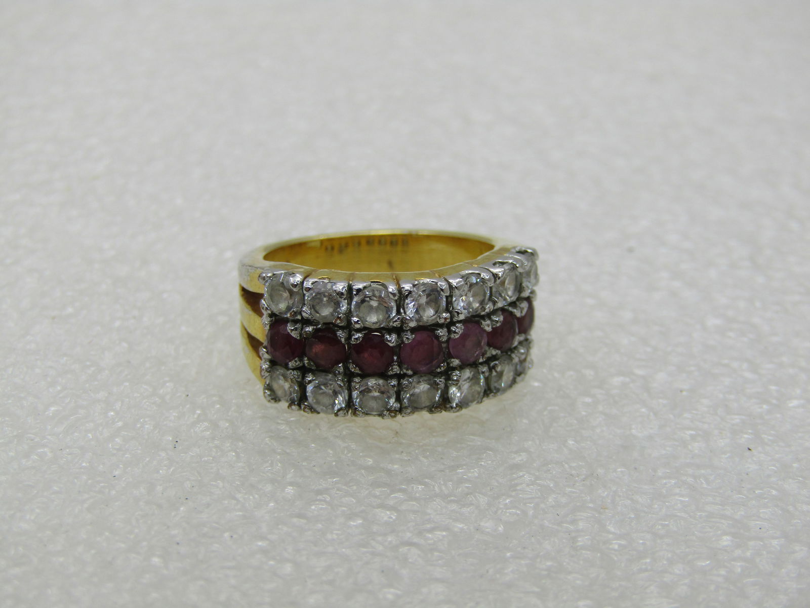 Vintage 10kt Plated CZ & Ruby Ring, Wide Band, Sz. 5.25 - 5