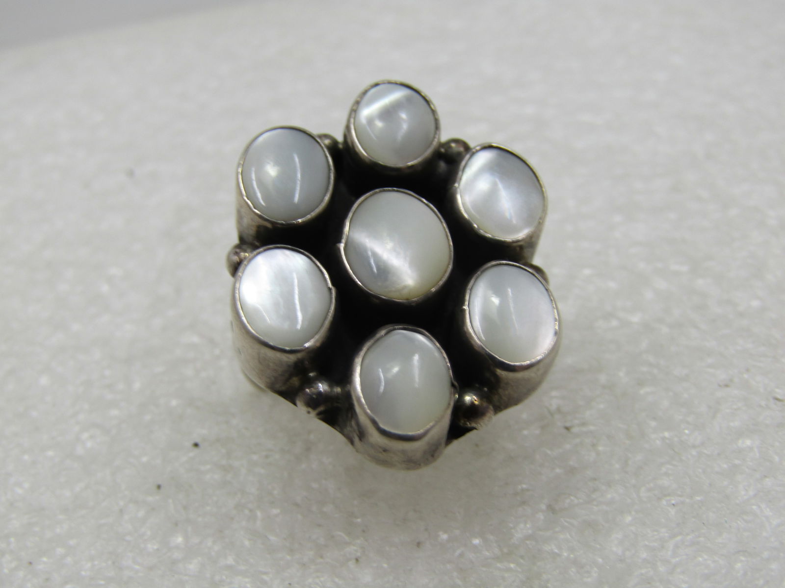 Vintage Sterling Southwestern Mother-of-Pearl, Ring, Cluster, Sz 7. Signed H - 5