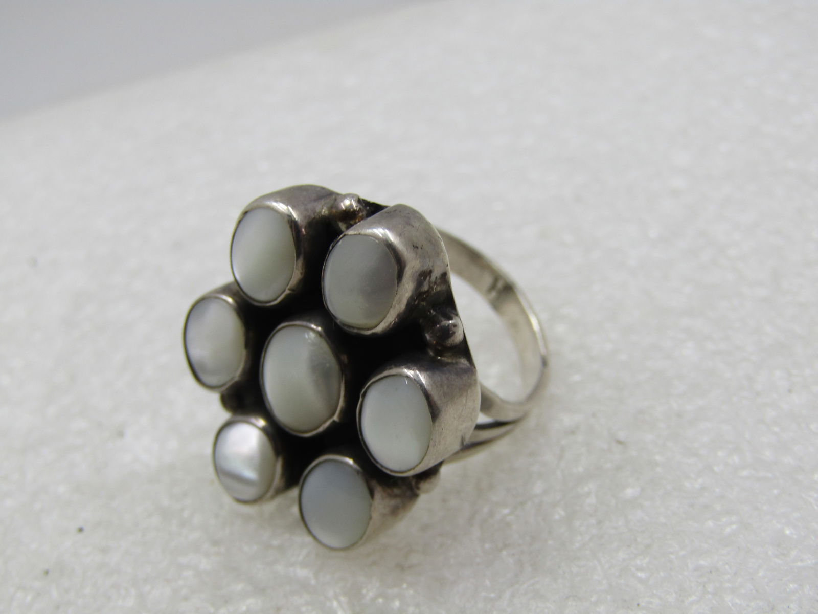 Vintage Sterling Southwestern Mother-of-Pearl, Ring, Cluster, Sz 7. Signed H - 7