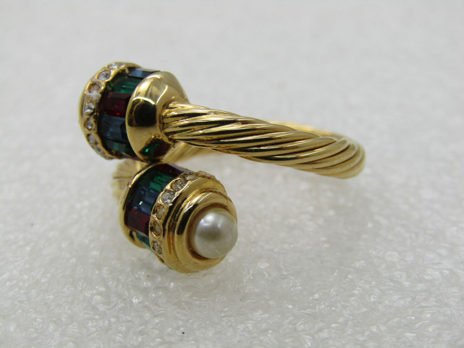 Vintage Joan Rivers Straw Bead Faux Pearl Bypass Ring, Size 5-6 adj., Gold Tone - 4