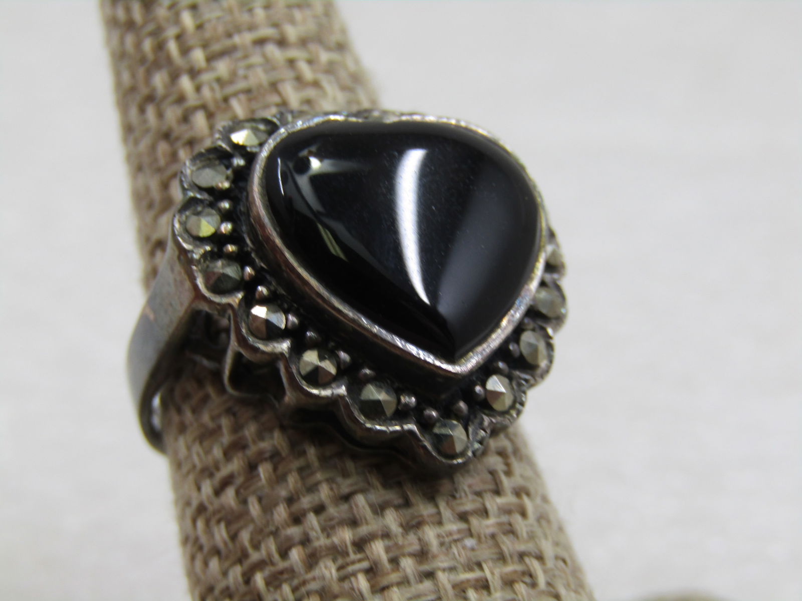 Vintage Sterling Onyx Heart & Marcasite Ring, Sz. 8.5 - 2
