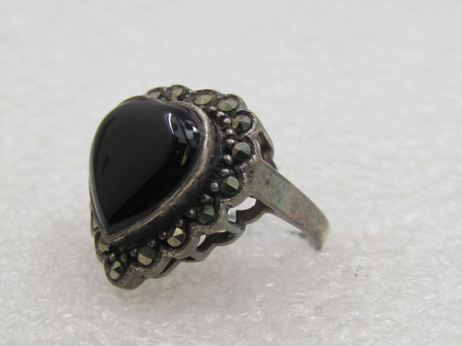 Vintage Sterling Onyx Heart & Marcasite Ring, Sz. 8.5 - 3