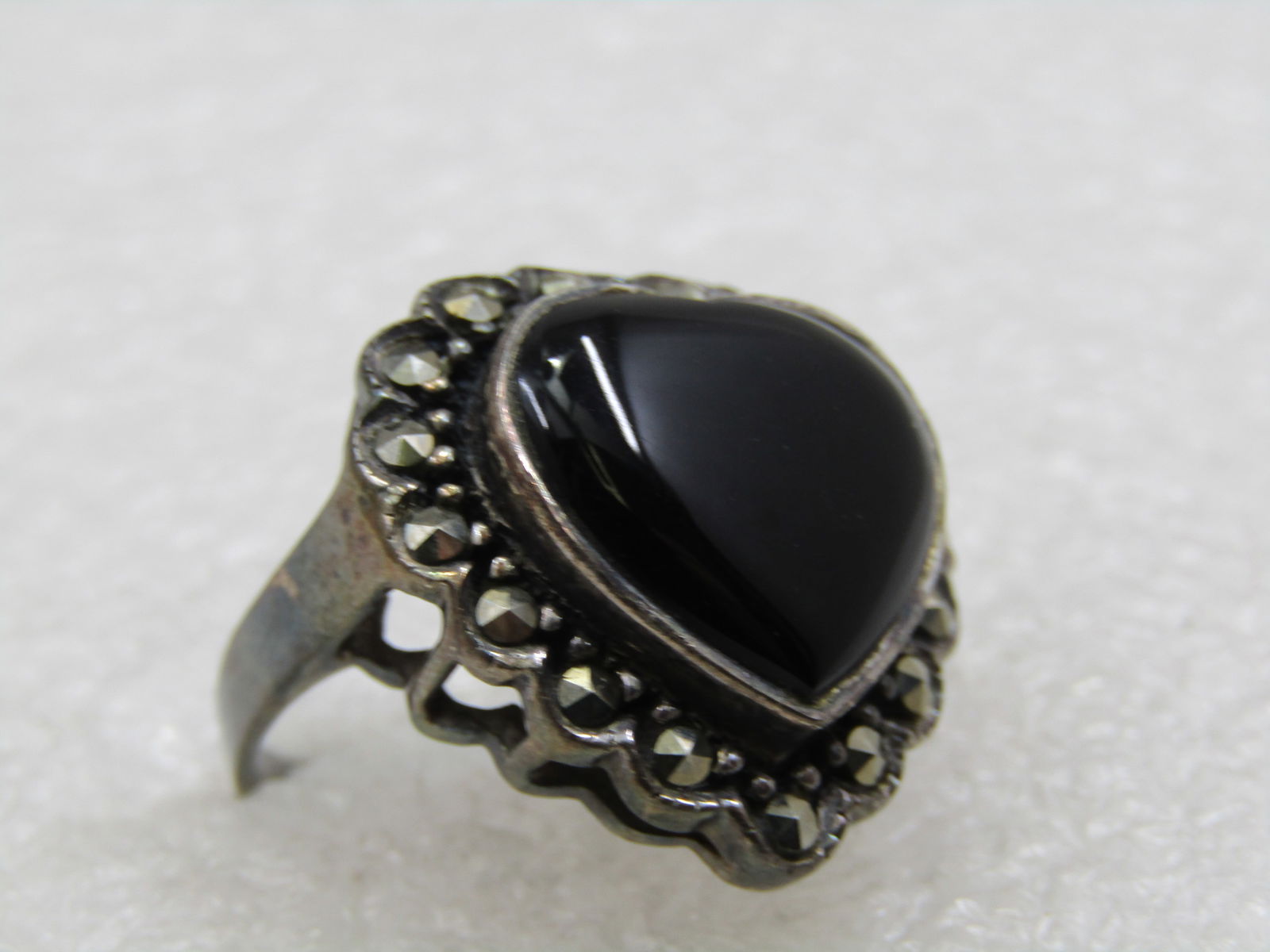 Vintage Sterling Onyx Heart & Marcasite Ring, Sz. 8.5 - 4