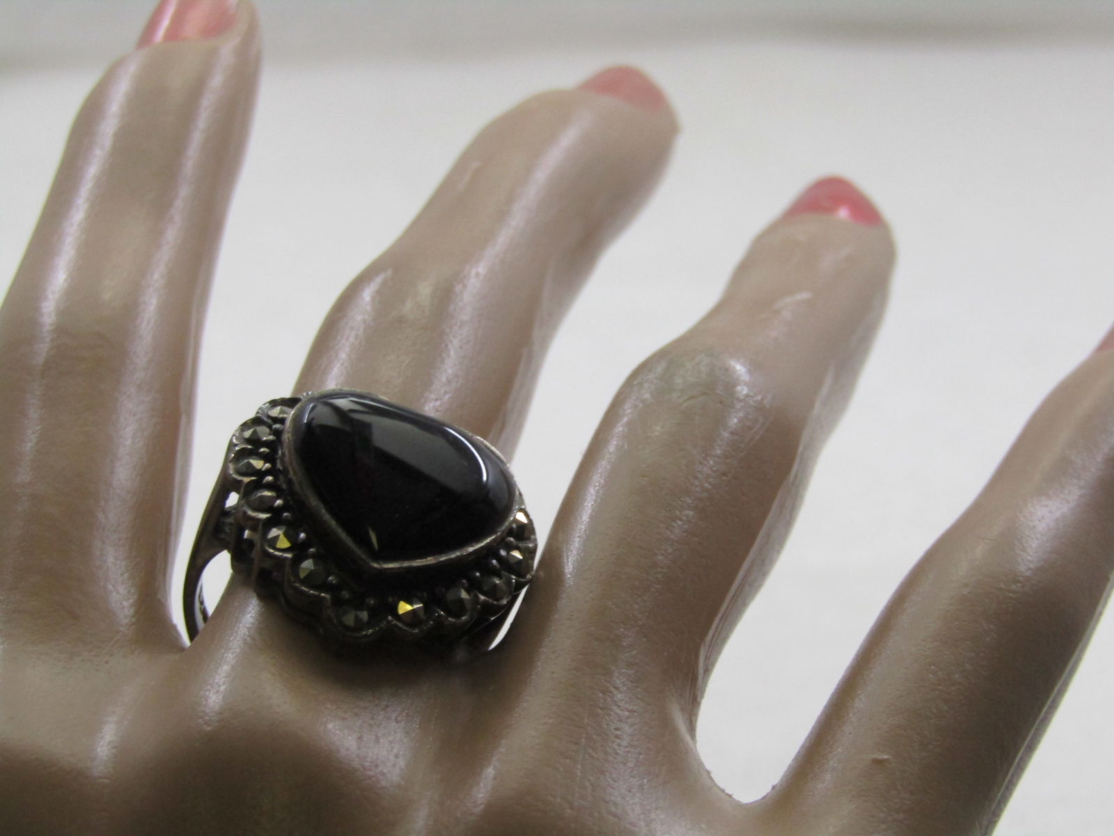 Vintage Sterling Onyx Heart & Marcasite Ring, Sz. 8.5 - 8