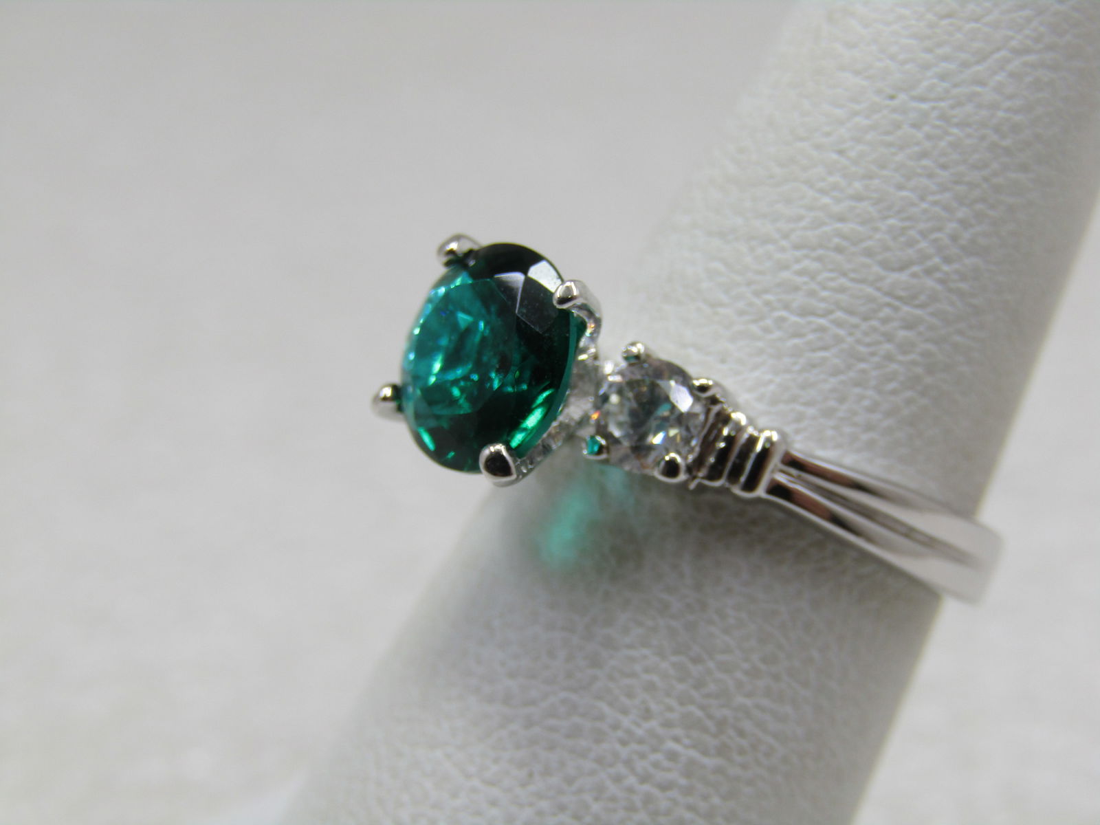 Sterling Plated Green & Clear Ring, Sz. 6.25, Engagement Style - 3