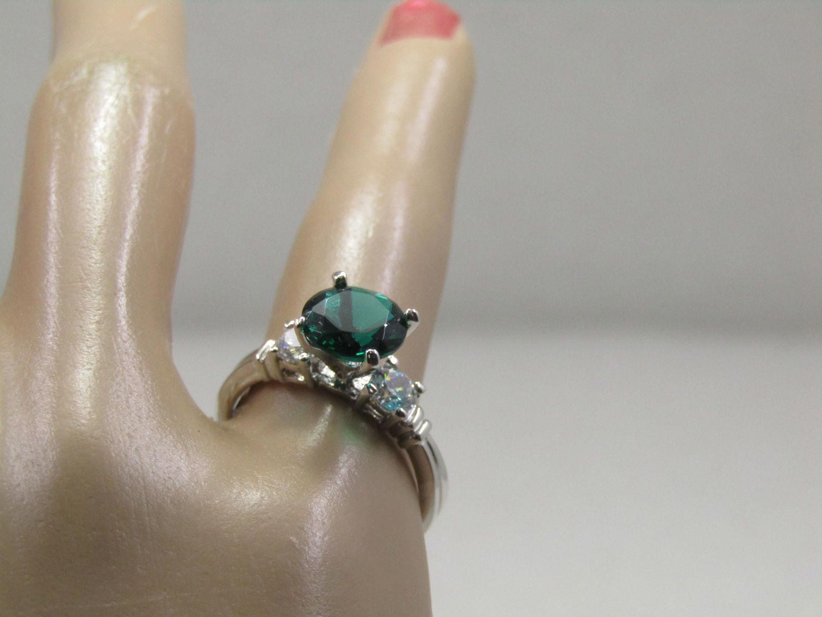 Sterling Plated Green & Clear Ring, Sz. 6.25, Engagement Style - 8