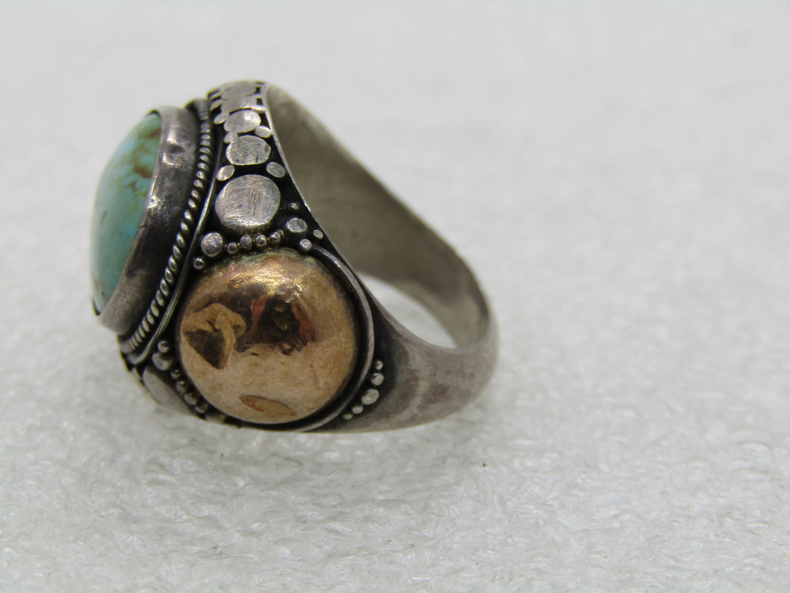 Vintage Sterling & 22kt Southwestern Turquoise Ring, Sz. 6 - 5