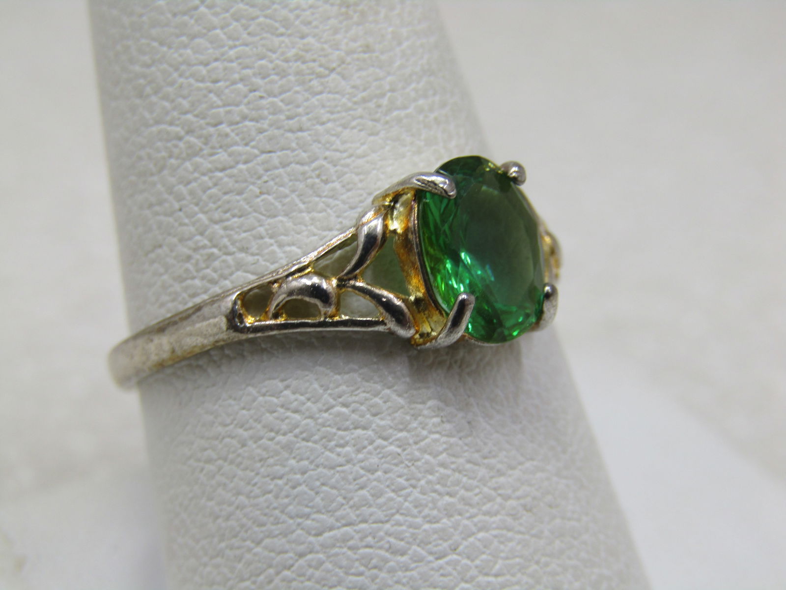 Silver Plated Green Stone Ring, Sz. 9.5, Scrolled - 2