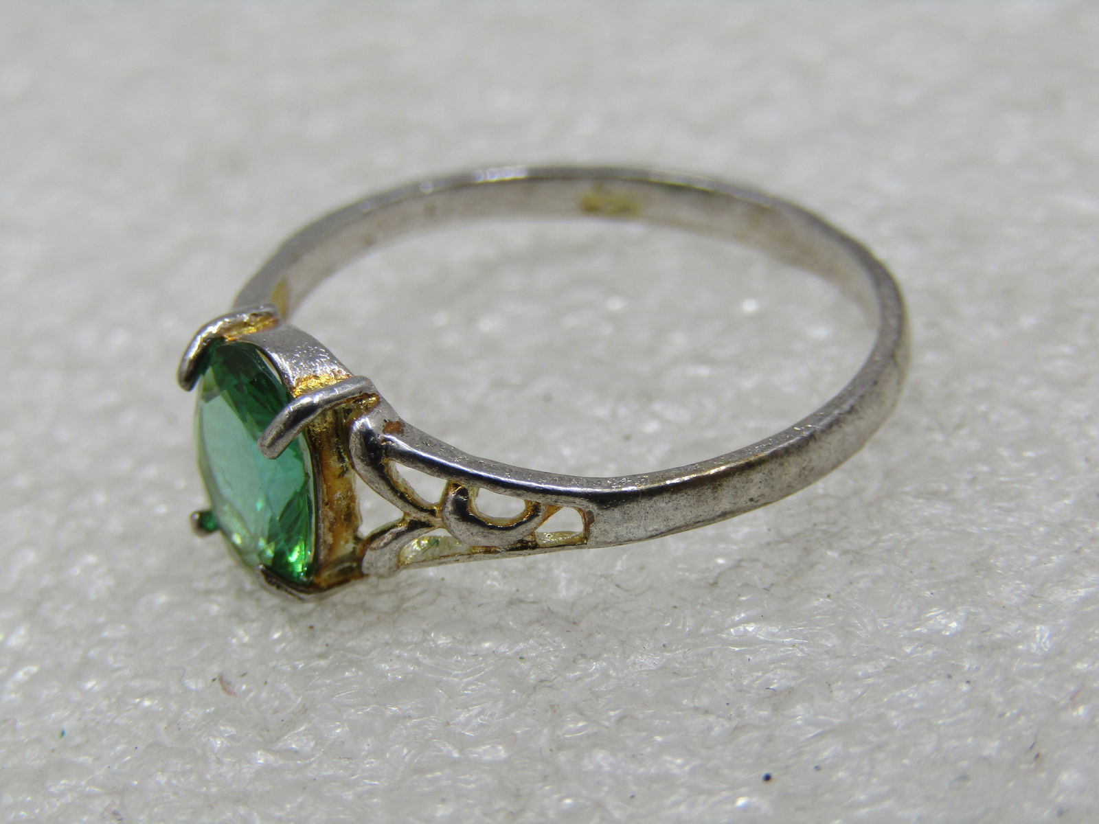 Silver Plated Green Stone Ring, Sz. 9.5, Scrolled - 7