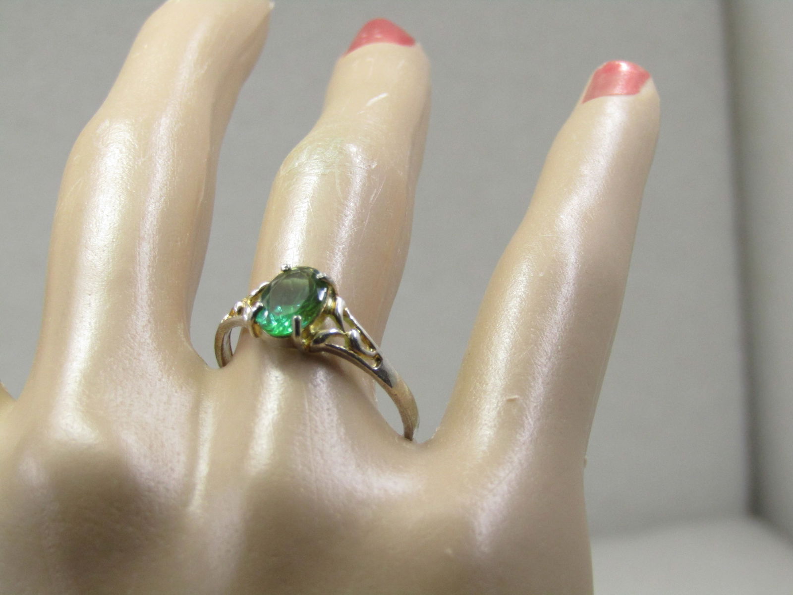 Silver Plated Green Stone Ring, Sz. 9.5, Scrolled - 8
