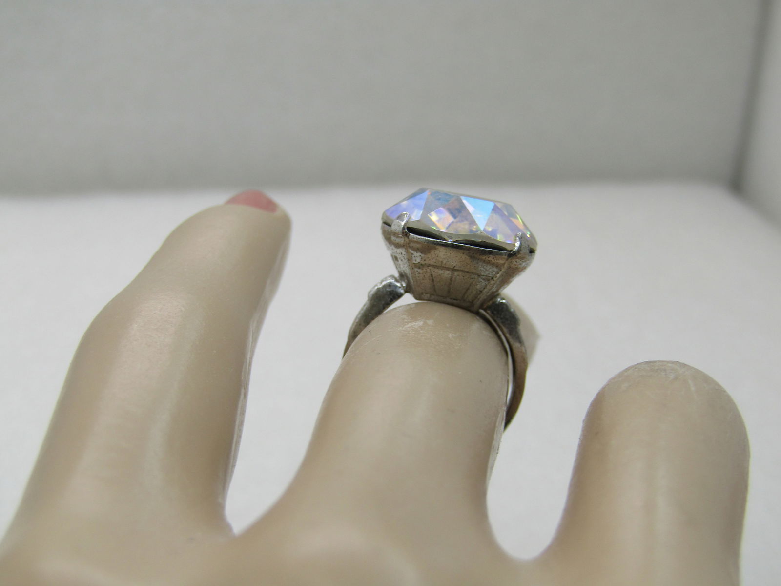 Vintage Sterling Silver AB Rhinestone Ring, Signed Uncas, Sz. 5.75 - 10
