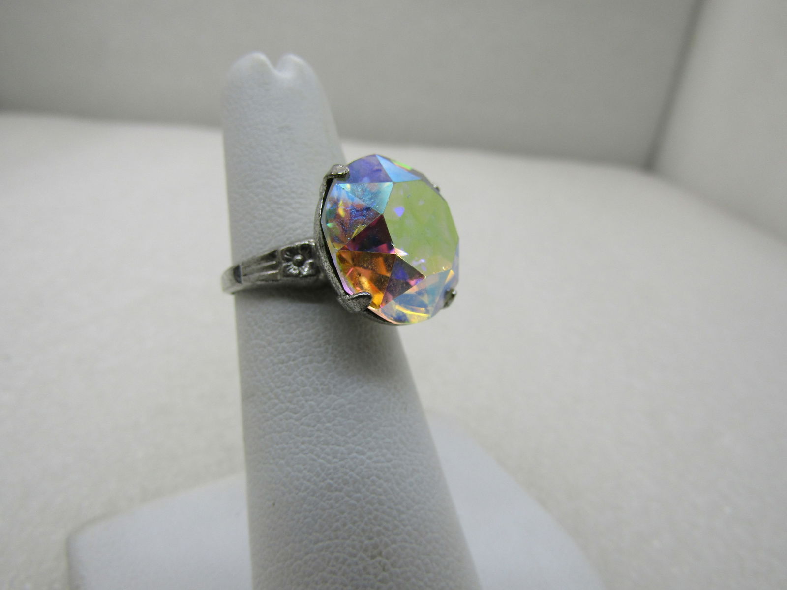 Vintage Sterling Silver AB Rhinestone Ring, Signed Uncas, Sz. 5.75 - 2