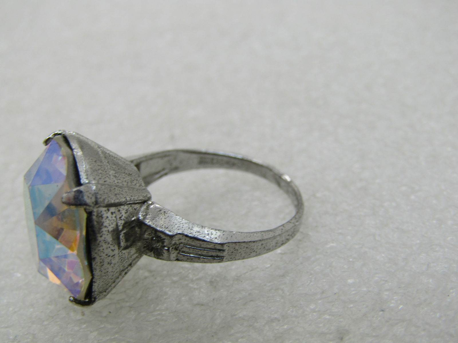 Vintage Sterling Silver AB Rhinestone Ring, Signed Uncas, Sz. 5.75 - 7