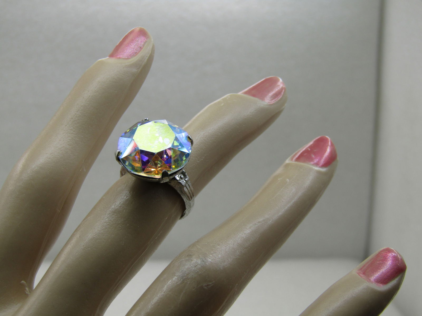 Vintage Sterling Silver AB Rhinestone Ring, Signed Uncas, Sz. 5.75 - 8