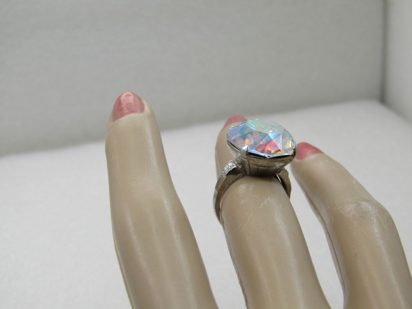 Vintage Sterling Silver AB Rhinestone Ring, Signed Uncas, Sz. 5.75 - 9