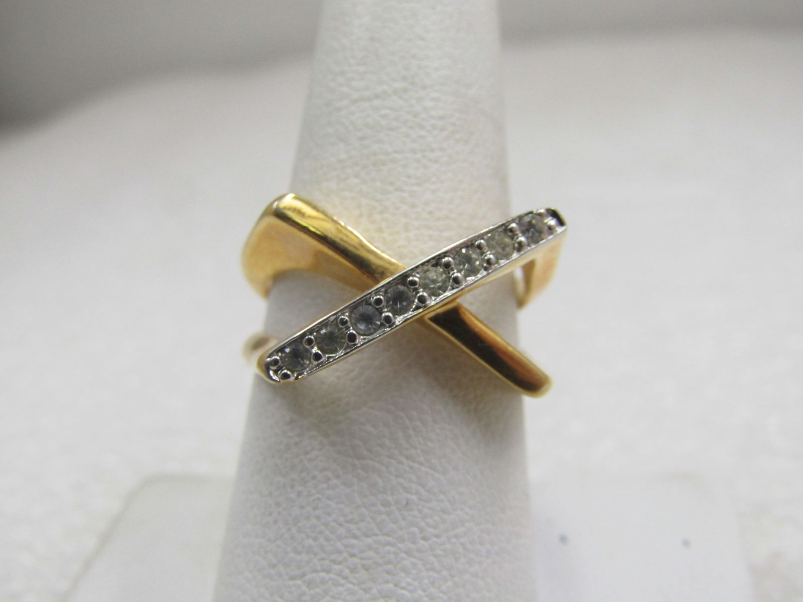 Vintage 18kt Plated Two-Tone, CZ X Ring, Sz. 8.5, Signed: Vintage 18kt Plated Two-Tone, CZ X Ring, Sz. 8.5, Signed with an A inside a circle frame. The x has czs set in white plated gold and the rest of the ring is yellow plated. The X is appx. 19mm across t