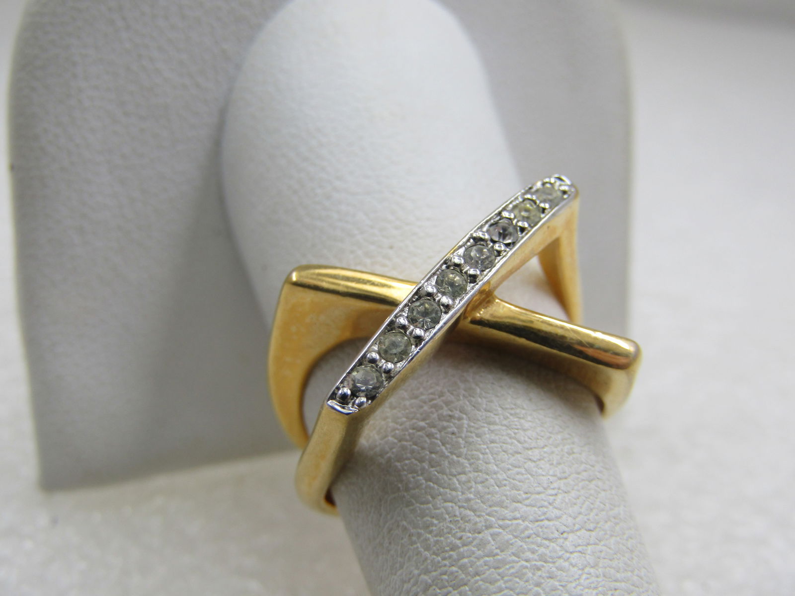 Vintage 18kt Plated Two-Tone, CZ X Ring, Sz. 8.5, Signed - 2