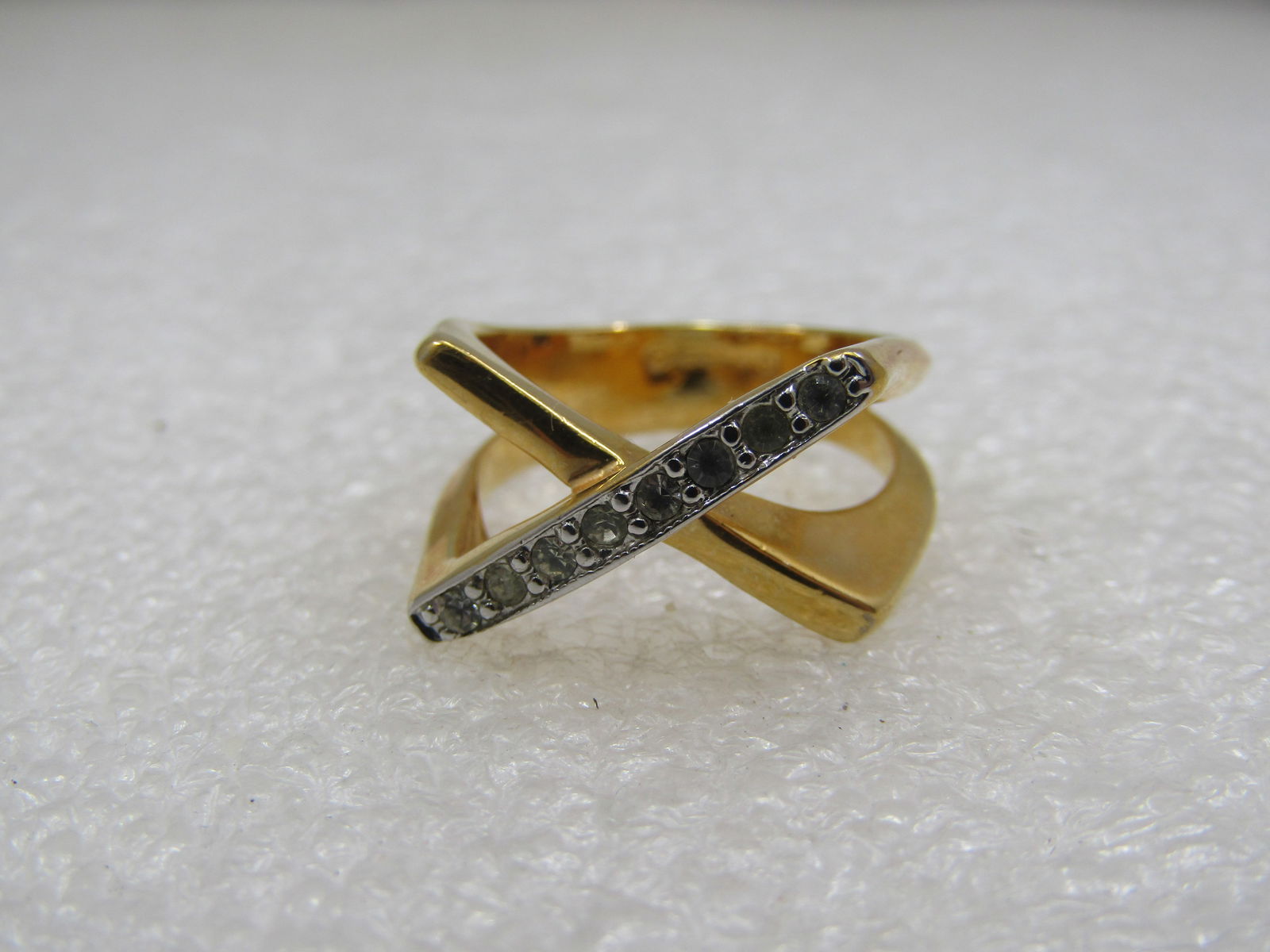 Vintage 18kt Plated Two-Tone, CZ X Ring, Sz. 8.5, Signed - 3