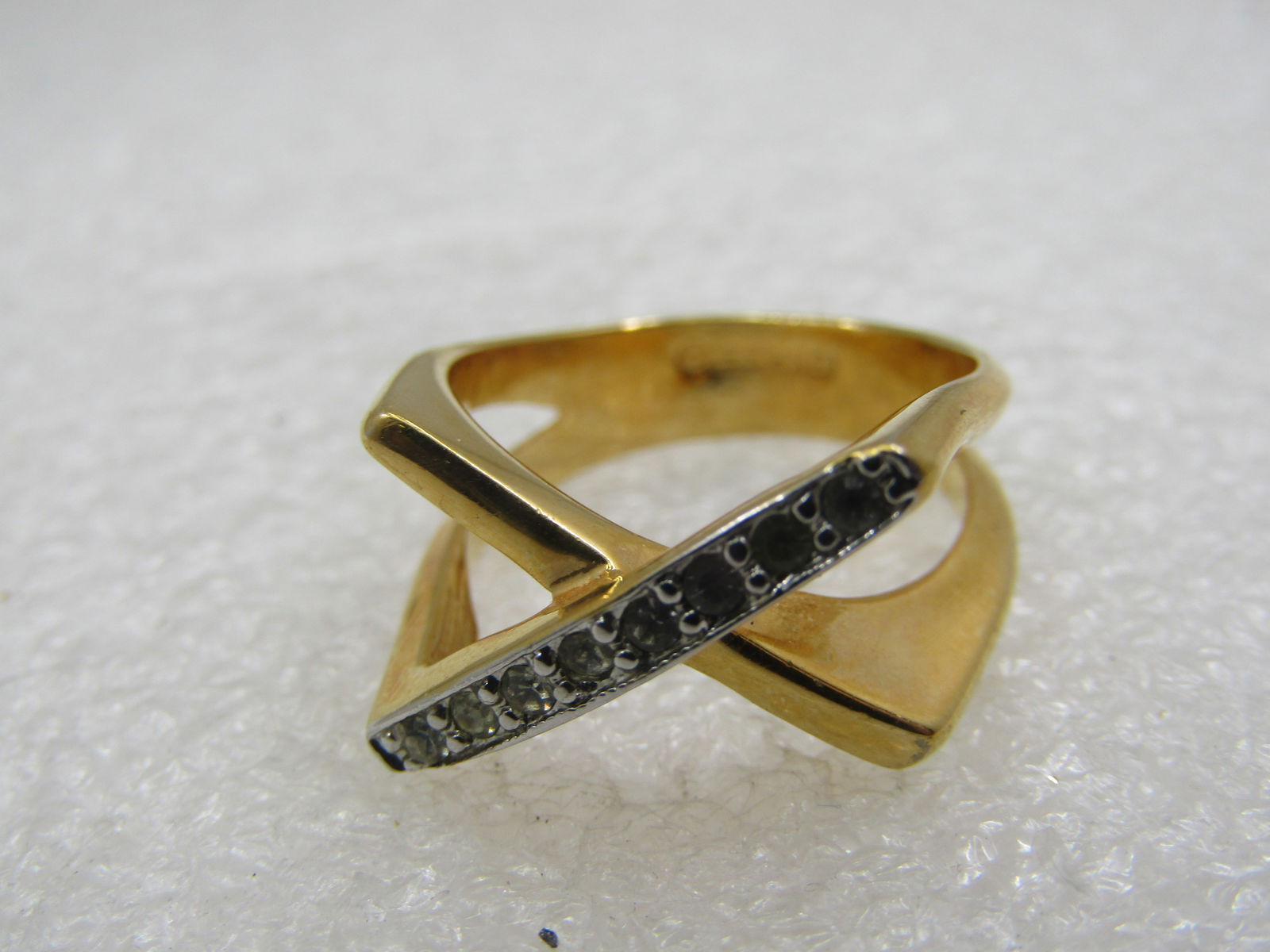 Vintage 18kt Plated Two-Tone, CZ X Ring, Sz. 8.5, Signed - 4