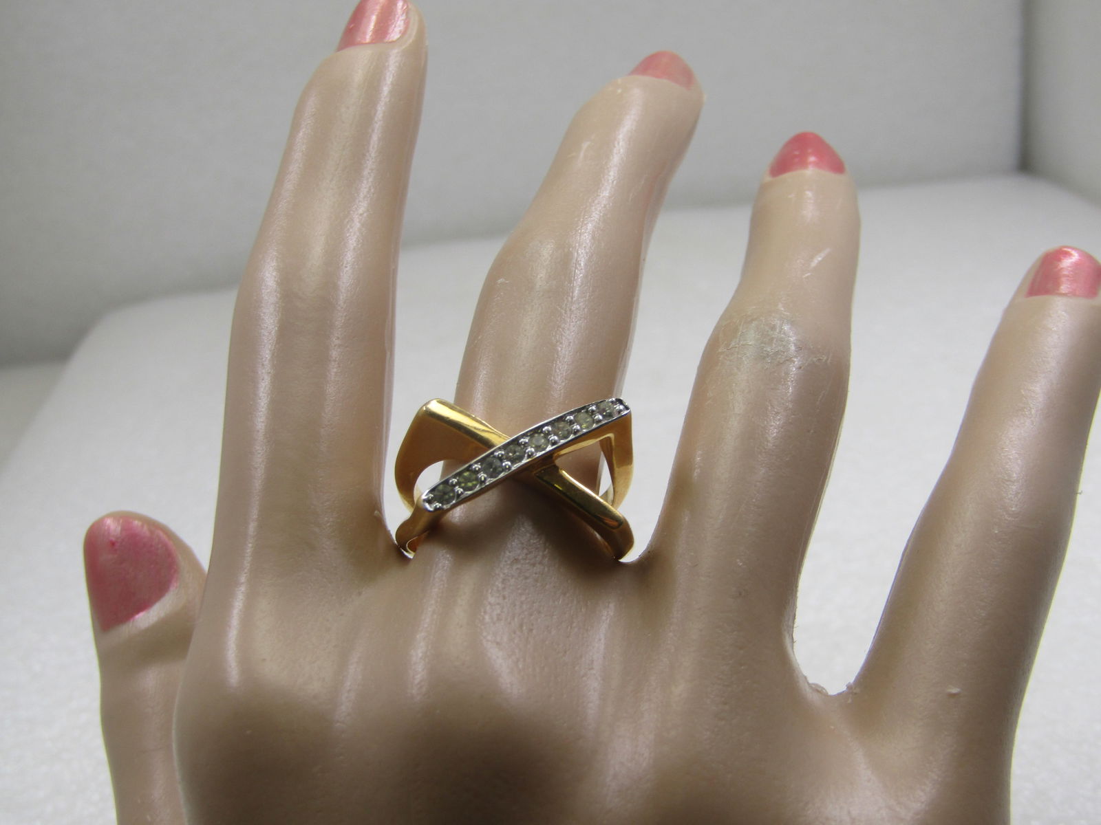 Vintage 18kt Plated Two-Tone, CZ X Ring, Sz. 8.5, Signed - 5