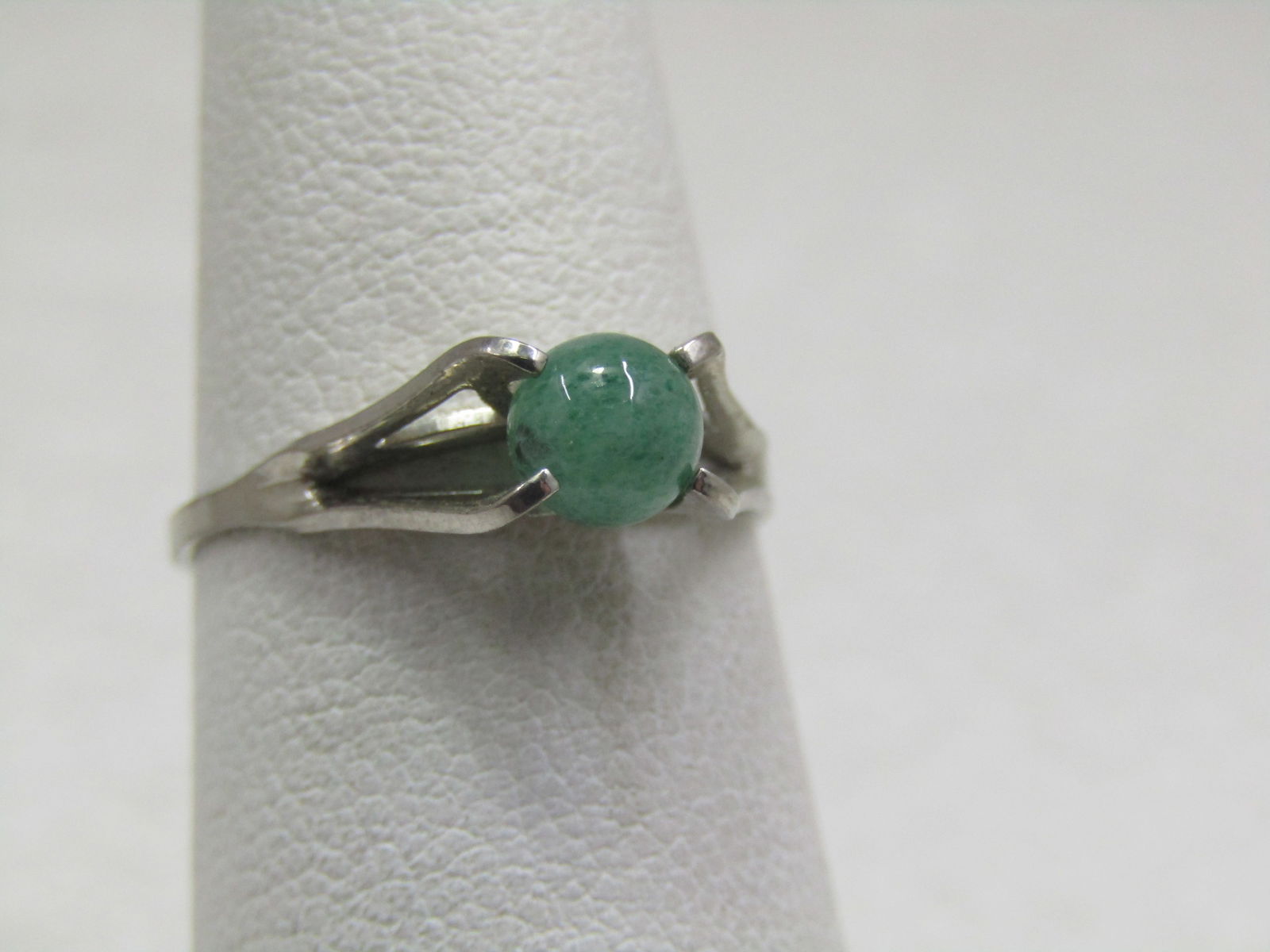 Vintage Sterling Jade Ring, Sz. 6, 1970's-1980's, Signed: Vintage Sterling Jade Ring, Sz. 6, 1970's-1980's, Signed B. The jade is a 4.5mm round jade ball held with four prongs that rise up from the band to the top of the bead, much like the sides of a pyrami