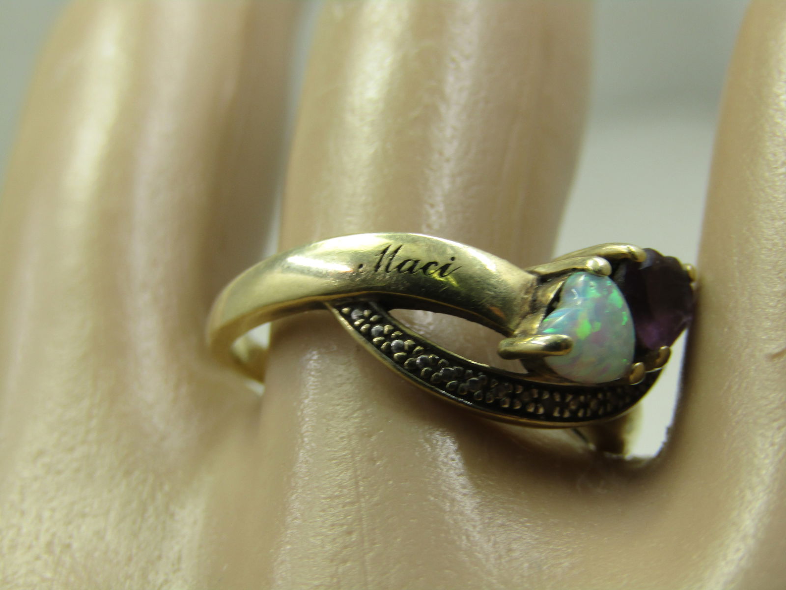 Vintage 10kt Heart Opal Amethyst Ring, Sz. 8.5, Signed TJ - 11