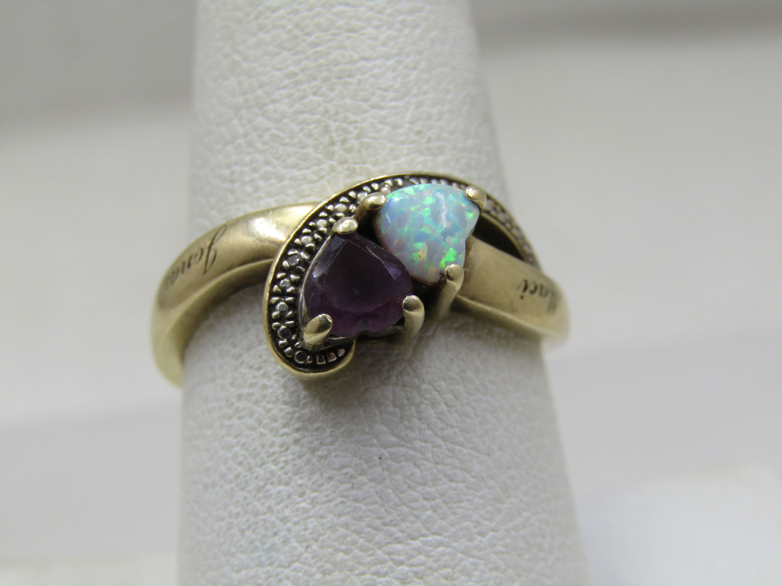 Vintage 10kt Heart Opal Amethyst Ring, Sz. 8.5, Signed TJ (1 of 11)