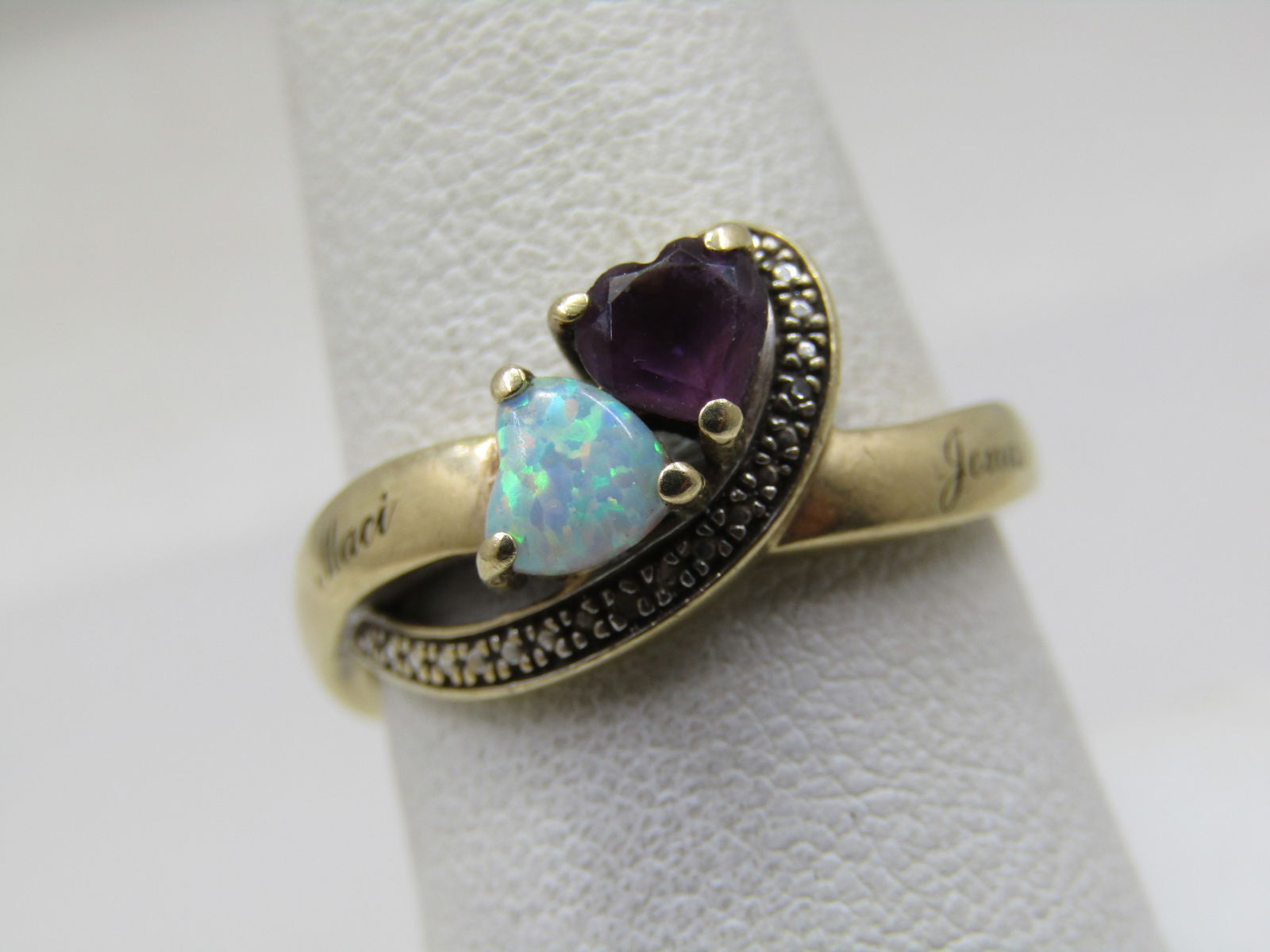 Vintage 10kt Heart Opal Amethyst Ring, Sz. 8.5, Signed TJ - 2