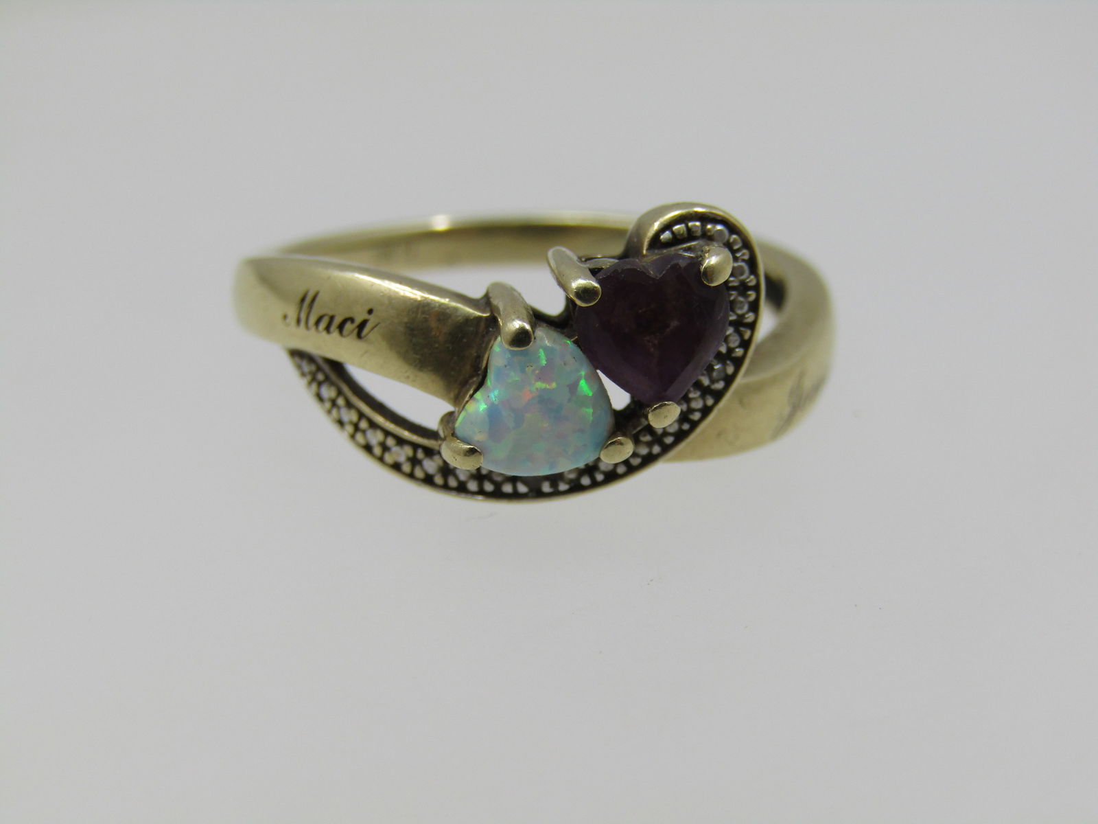 Vintage 10kt Heart Opal Amethyst Ring, Sz. 8.5, Signed TJ - 3
