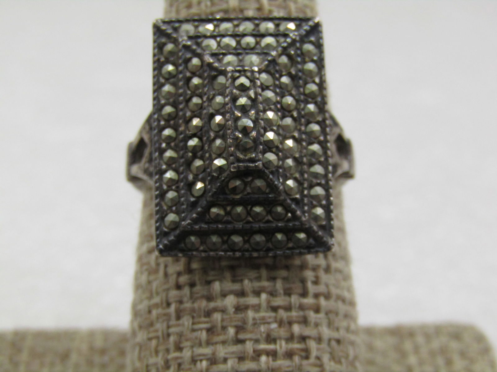 Vintage Sterling Marcasite Rectangular Ring, Sz. 8, Signed J J, Judith Jack, 1960's: Vintage Sterling Marcasite Rectangular Ring, Sz. 8, Signed J J, (Judith Jack) 1960's. This is a four tiered design rectangular with marcasites around each tier. It is appx. 21mm down the finger and 15