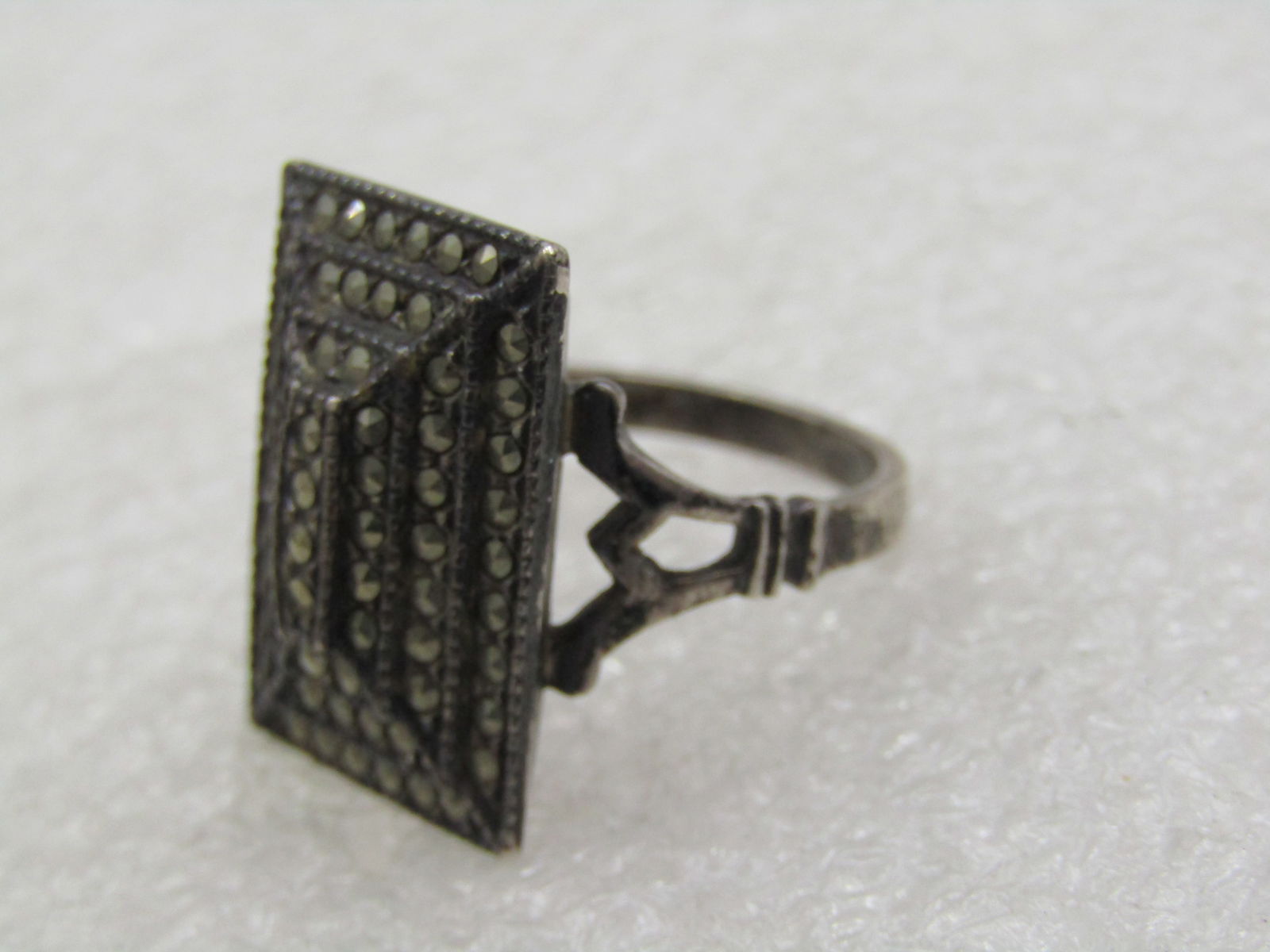 Vintage Sterling Marcasite Rectangular Ring, Sz. 8, Signed J J, Judith Jack, 1960's - 5