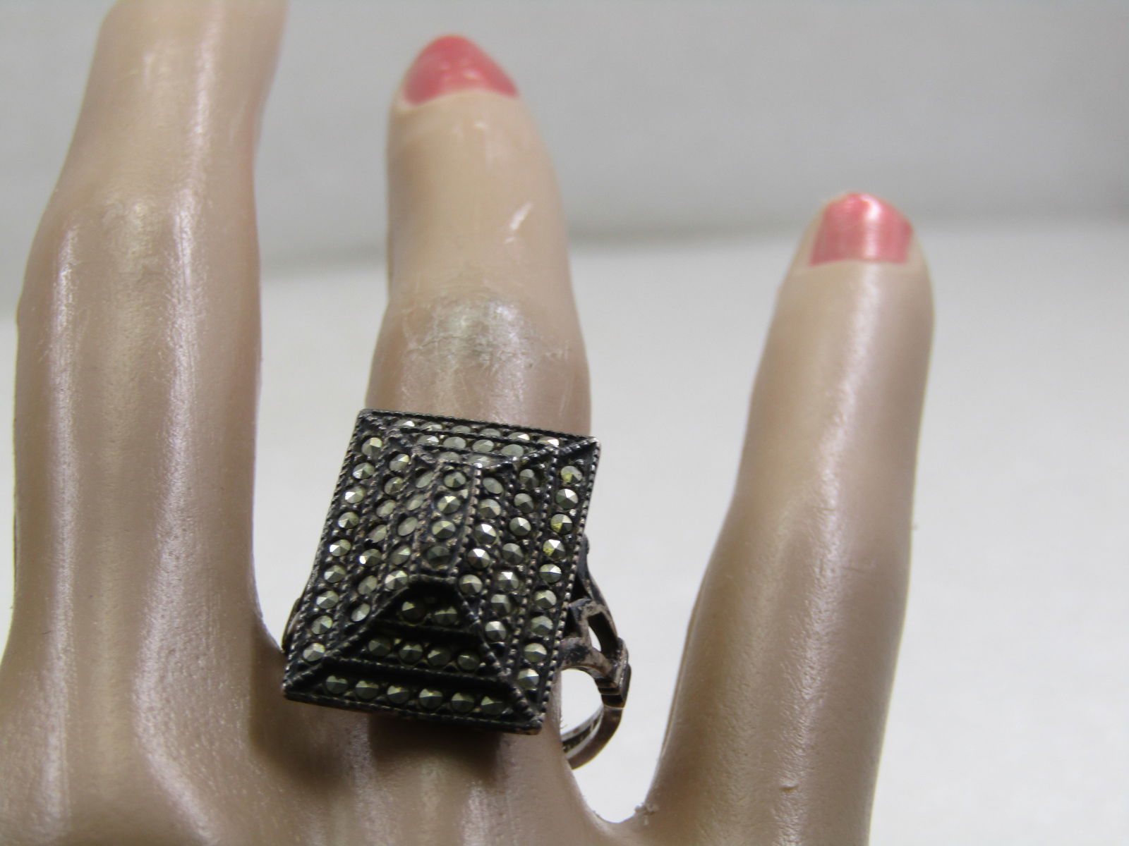 Vintage Sterling Marcasite Rectangular Ring, Sz. 8, Signed J J, Judith Jack, 1960's - 6